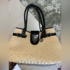 Brighton Natural Straw Tote with Black Trim and Heart Charm